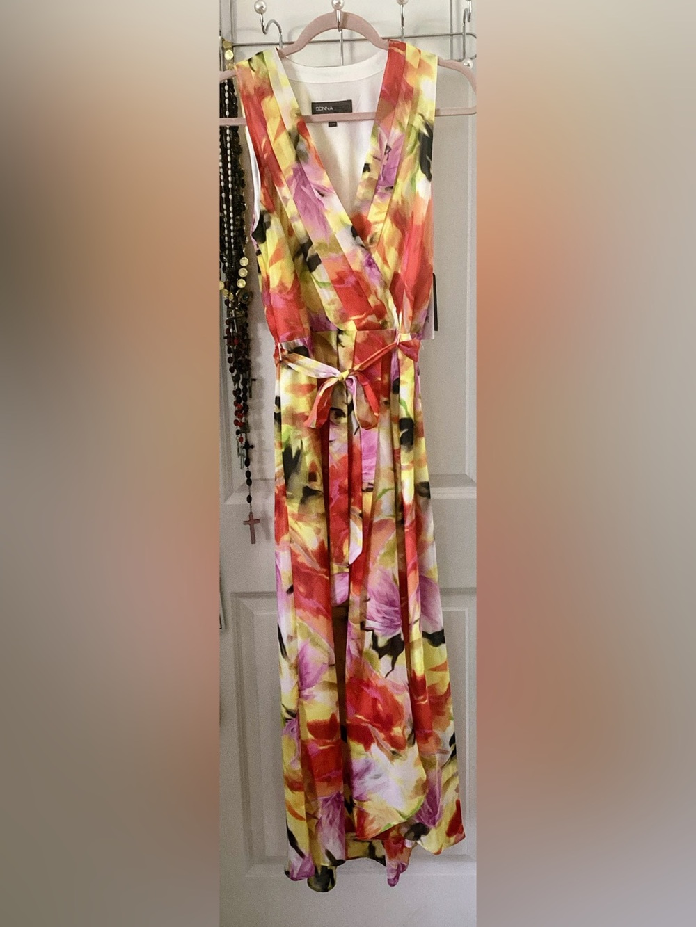 Donna Ricco Floral Wrap Maxi Dress in Yellow, Pink, Red